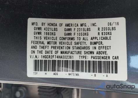 2017 Honda Accord Ex из США, поврежденный, VIN 1HGCR2F74HA002361